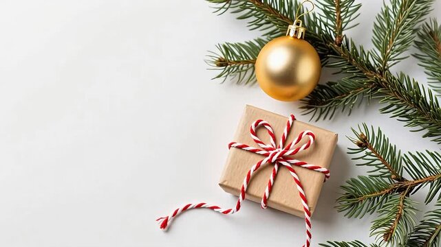 Christmas gift with pine branch and ornament