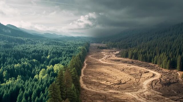 Stunning Contrast Between Lush Forest and Barren Land in Serene Landscape Capturing Nature's Duality