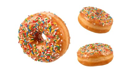 Three glazed doughnuts with colorful sprinkles. One upright, one top down, and a sideways view - Powered by Adobe