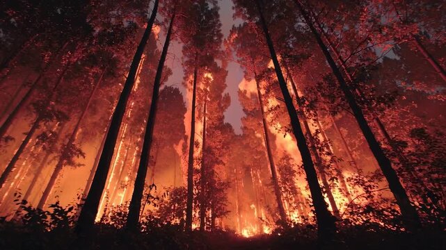 Intense Forest Fire Illuminating Trees in Dusk, Capturing the Impact of Climate Disaster and Environmental Devastation