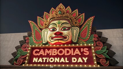 Fototapeta premium Cambodian mask from classical dance illuminated with golden light and intricate details.