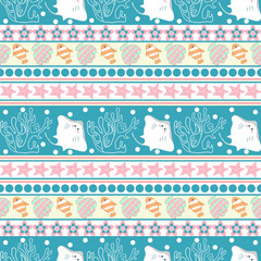 Playful Sea Creatures Striped Seamless Pattern