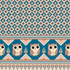 Cute Cartoon Owls and Tribal Geometric Seamless Pattern
