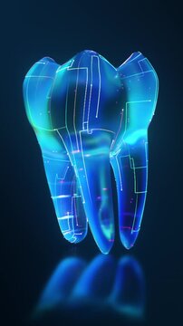 Futuristic Glowing Tooth 3D Holographic Dental Symbol