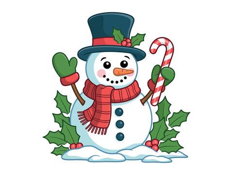 A cheerful snowman wearing a hat and scarf holds a candy cane and stands with holly.