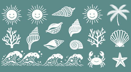 A delightful array of beachthemed elements, including smiling suns, various seashells, a palm tree, coral, waves, a crab, and a starfish, all rendered in a charming, handdrawn style