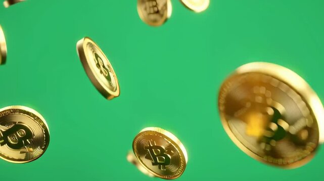 Bright Animation of Floating Bitcoin Coins on a Vibrant Green Background