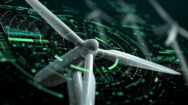 Close-Up View of Modern Wind Turbine Blades Overlaid with Digital Graphics and Data Visualizations - Powered by Adobe