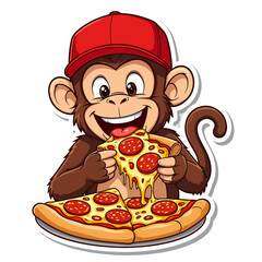 Cartoon monkey eating pepperoni pizza with melted cheese, wearing red baseball cap, cute sticker on transparent background SVG