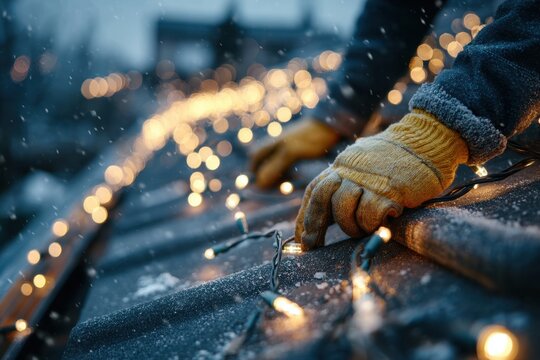 A man is installing Christmas lights on a roof.