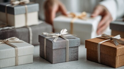 A collection of beautifully wrapped gift boxes in various colors and sizes. Hands are reaching for one of the boxes. The scene conveys a festive atmosphere.