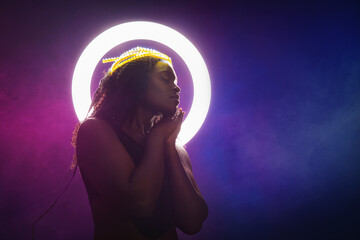 Portrait of fashion young girl. Successful blogger portrayed as a modern influencer saint using AI technologies.