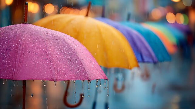 Vibrant row of colorful umbrellas catching raindrops on a moody rainy day
