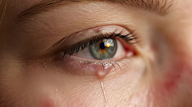 A close-up view of a human eye with a single tear falling down the cheek.