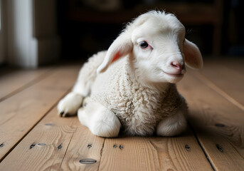 Adorable White Baby Lamb with Floppy Ears on Wooden Floor