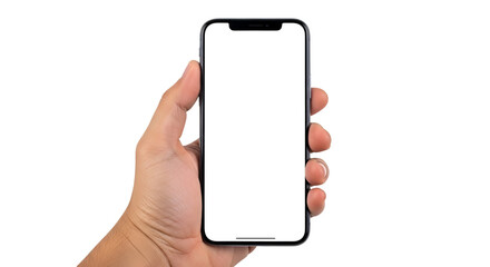 Hand holding a smartphone with a blank white screen