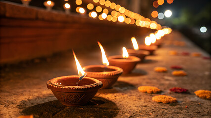 Glowing Row of Traditional Diyas – Festive Diwali Oil Lamps with Warm Light