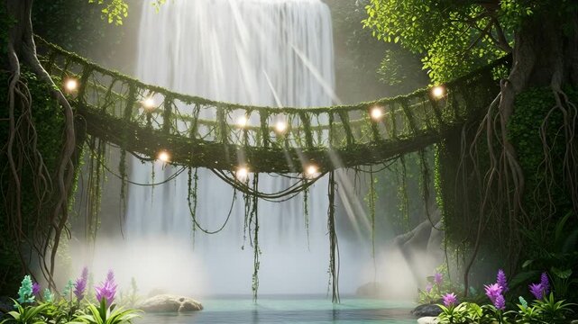 A magical waterfall scene with a rope bridge and glowing lights in forest
