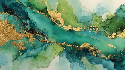 Abstract emerald green and gold swirls with luxurious glitter accents