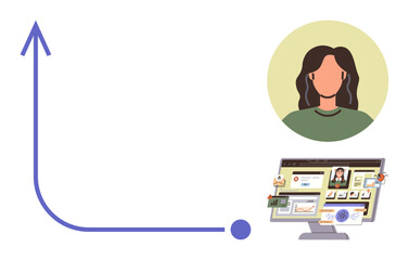 Upward curved arrow beside a profile image and a computer screen with open multimedia tools. Ideal for innovation, success, teamwork, technology, networking, progress, education themes, simple flat