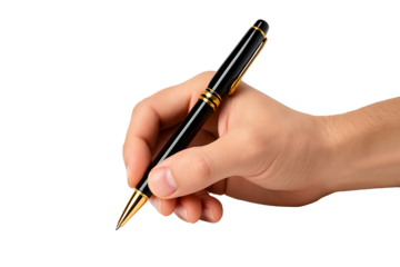 “Close-up of human hand holding elegant black and gold pen isolated on transparent background”