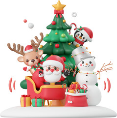 Santa Claus, reindeer, snowman and penguin with Christmas tree and gift box, Christmas theme elements 3d illustration
