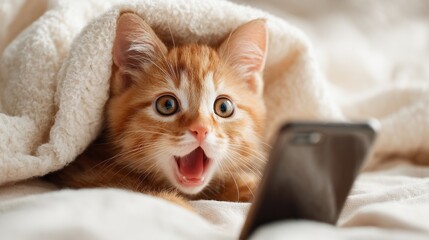 A surprised orange tabby kitten peeks out from under a soft blanket, staring at a smartphone screen with wide eyes and an open mouth.