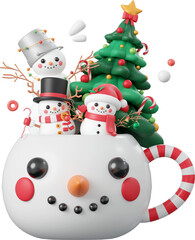 Snowman with Christmas tree in a snowman mug, Christmas theme elements 3d illustration
