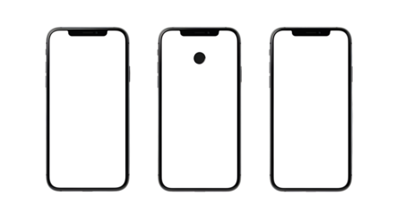 Three smartphones with blank white screens on black