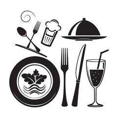 Minimalist Black Restaurant Icon Set – Food and Drink Silhouette Vector