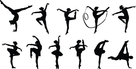 Dancer gymnast silhouettes, dynamic poses, flexibility, ribbon movement, black vector art, balance, grace, athletic form, expressive motion, rhythmic performance
