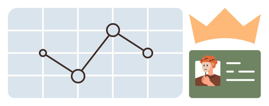 Line graph on grid background, crown, and personal ID card suggesting analysis, growth, success, recognition, personal branding, achievement and progress. Ideal for marketing performance tracking