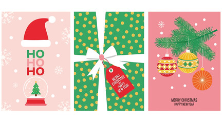 Festive christmas card designs isolated on white background featuring santa hat, gift, and ornaments, perfect for spreading holiday cheer and seasonal greetings to loved ones