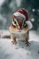 Obraz premium An adorable chipmunk in the snow wearing a red Christmas hat.