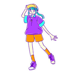 シンプルかわいい手描きの夏コーデ女子のイラスト素材	