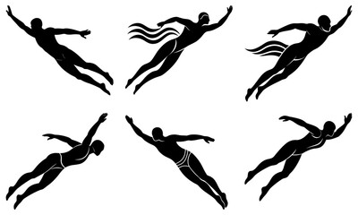 Fototapeta premium Silhouettes of six figures in dynamic poses, some with flowing fabric, in a monochrome illustration style