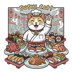 Maneki Neko Cat Sushi Chef Cartoon Vector Illustration