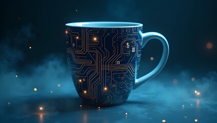 A black mug with a unique circuit board design, blending technology with everyday life, on a slightly dark background with smoke.