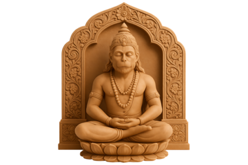Anjaneya (Hanuman) statue in a peaceful yoga pose, rendered as a beautiful clay or wood-like carving, representing the Hindu concepts of divine power, worship, and inner peace