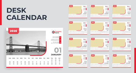 2026 Desk Calendar Template – Clean Corporate Layout, Editable AI File