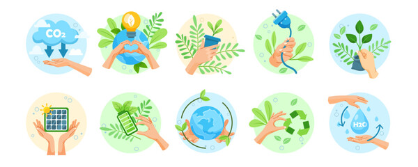 Set of icons showing hands with eco-friendly symbols like plants, energy, water, and recycling in flat style on circular backgrounds. Vector illustration