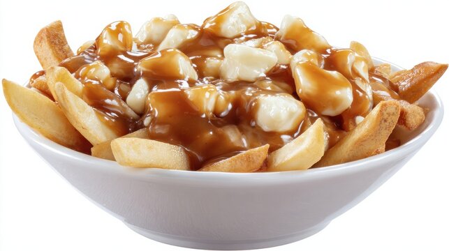Canadian poutine wooden table, crispy golden fries, fresh cheese curds, rich brown gravy, isolated on white background, classic comfort food, commercial restaurant use..