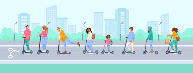 Group of diverse people riding electric scooters on city road, flat cartoon style, with urban buildings and greenery in background. Concept of eco transport. Vector illustration