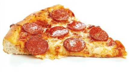 Pepperoni pizza close-up, white isolated background, ultra-detailed textures, spicy sausage slices, melted cheese, golden crust, food commercial, restaurant promotion, appetizing photography.