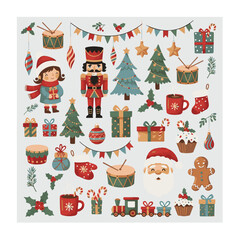 Vintage-style Christmas decorative banner featuring Santa Claus, a nutcracker, locomotive, girls, gingerbread, and gift boxes.
