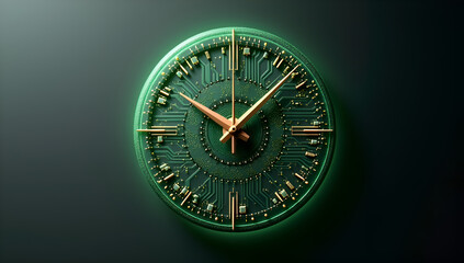 A concept of a modern clock integrated with electronic circuits and a green glow.