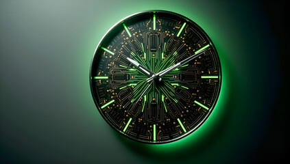 A futuristic clock with circuit board details symbolizing technology and time.