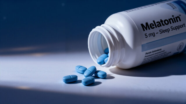 Melatonin 5 mg Sleep Support Pills Spilled from a Bottle Under Low, Dramatic Blue Lighting