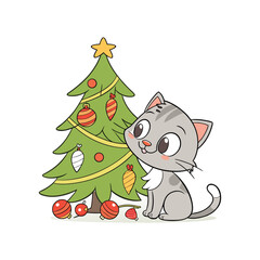 Cute cartoon cat sitting next to a decorated christmas tree