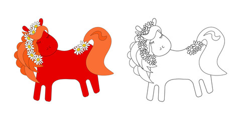 A coloring page a cute cartoon red horse with a garland of daisies. Outline and color example – vector illustration for children's books.